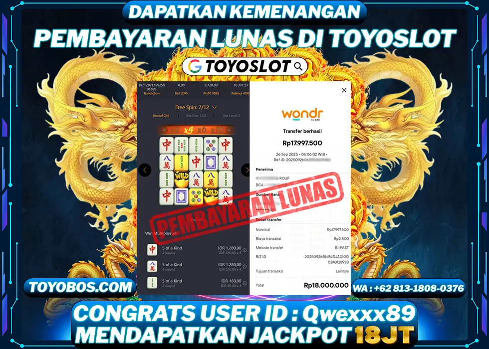 TOYOSLOT - BUKTI KEMENANGAN Mahjong Ways Rp18,000,000,- LUNAS
